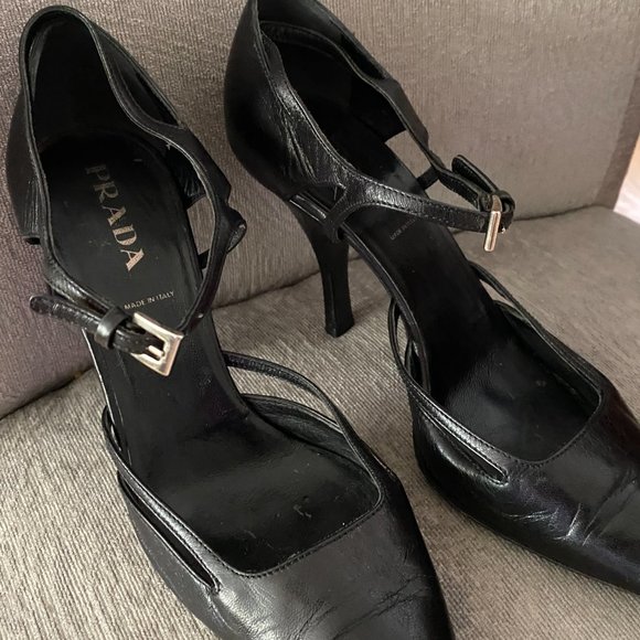 PRADA black leather ankle strap heels, size 6 - Picture 1 of 5